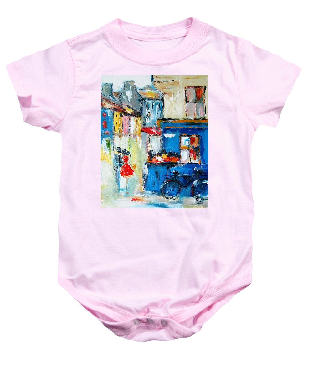Galway Baby Onesie featuring the painting Quay Street Galway Ireland As A Signed And Numbered Print On Canvas by Mary Cahalan Lee - aka PIXI