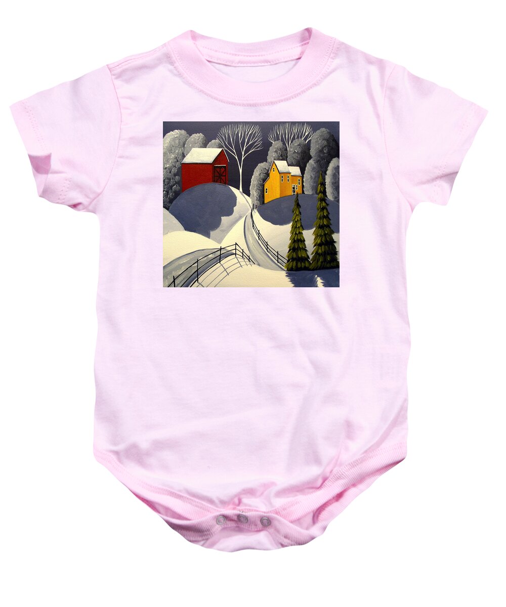 Art Baby Onesie featuring the painting Red Barn In Snow by Debbie Criswell