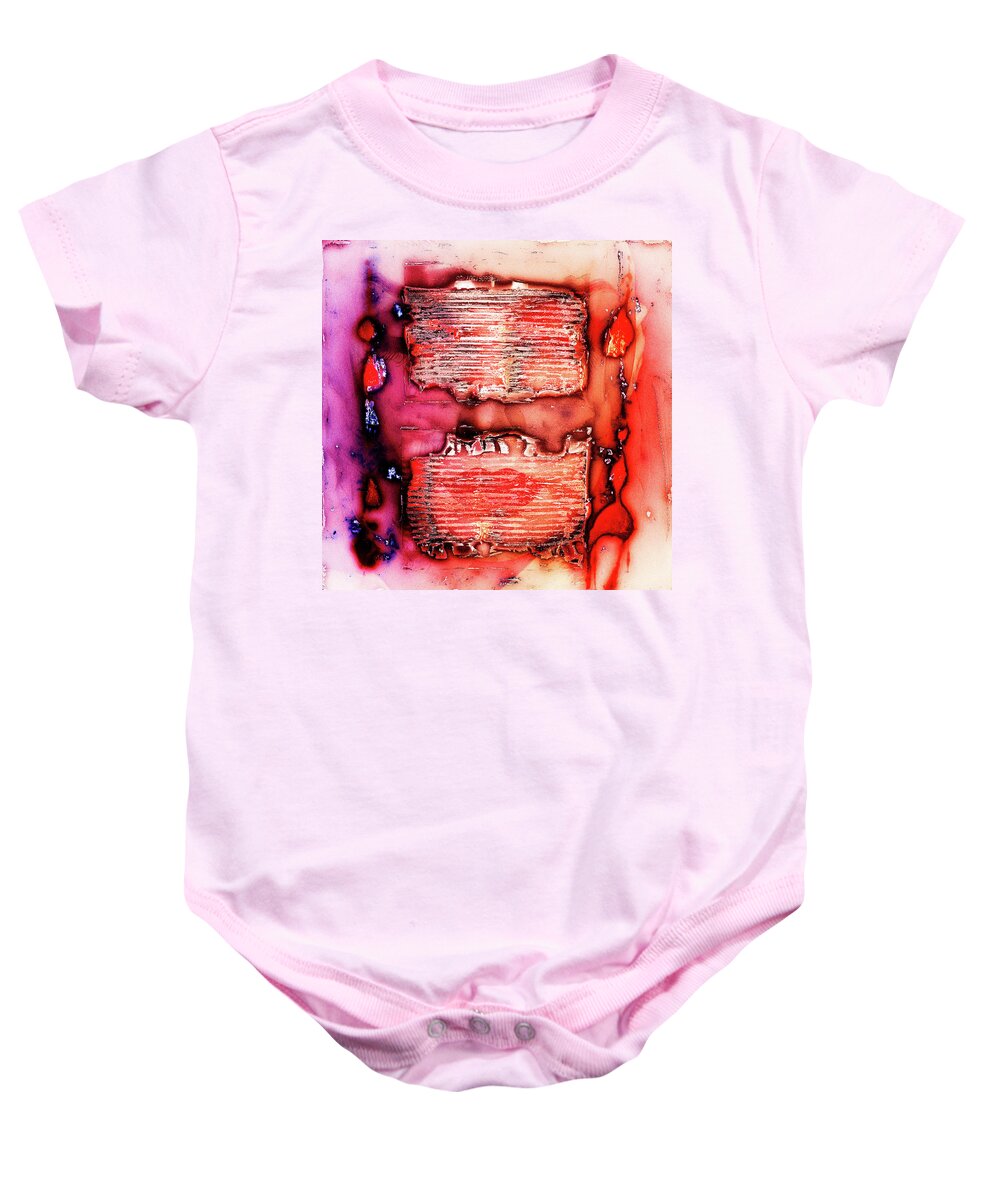 Collage Baby Onesie featuring the photograph Red lips behind metal stripes by Gabi Hampe