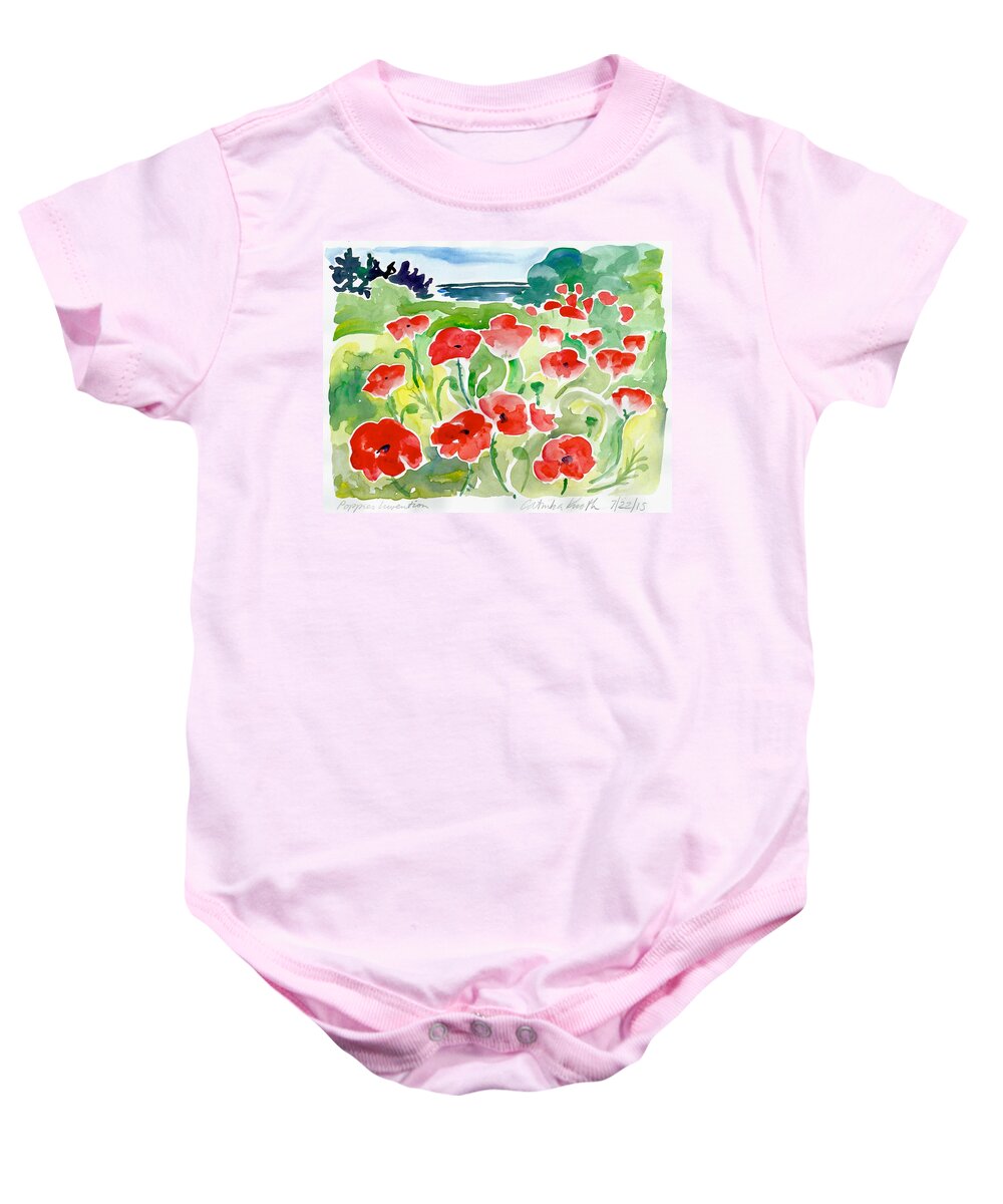  Baby Onesie featuring the painting Red poppies coastal scene watercolor by Catinka Knoth