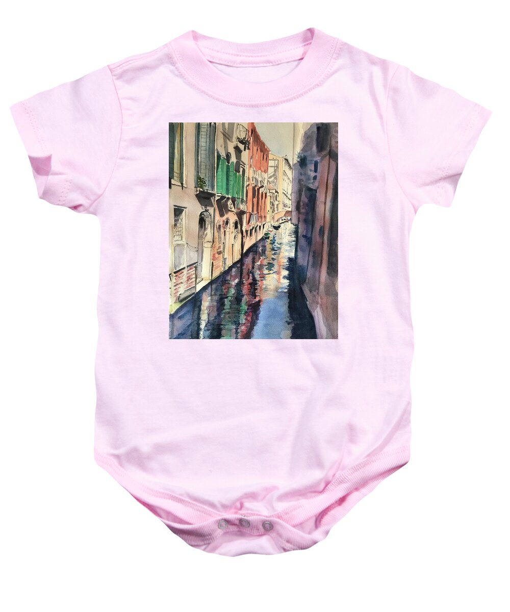 Venice Baby Onesie featuring the painting Reflections on a Venice Canal by Sonia Mocnik