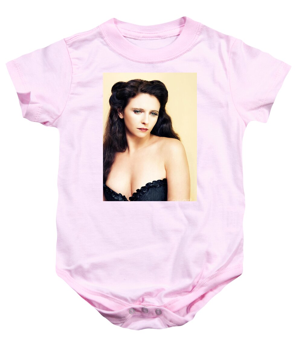 Portrait Baby Onesie featuring the photograph Retro Portrait Of A Young Brunette Beauty by Jorgo Photography