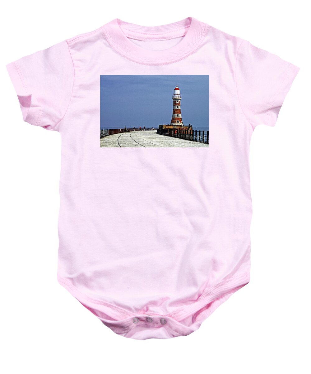 Roker Baby Onesie featuring the photograph Roker Lighthouse Sunderland by Martyn Arnold