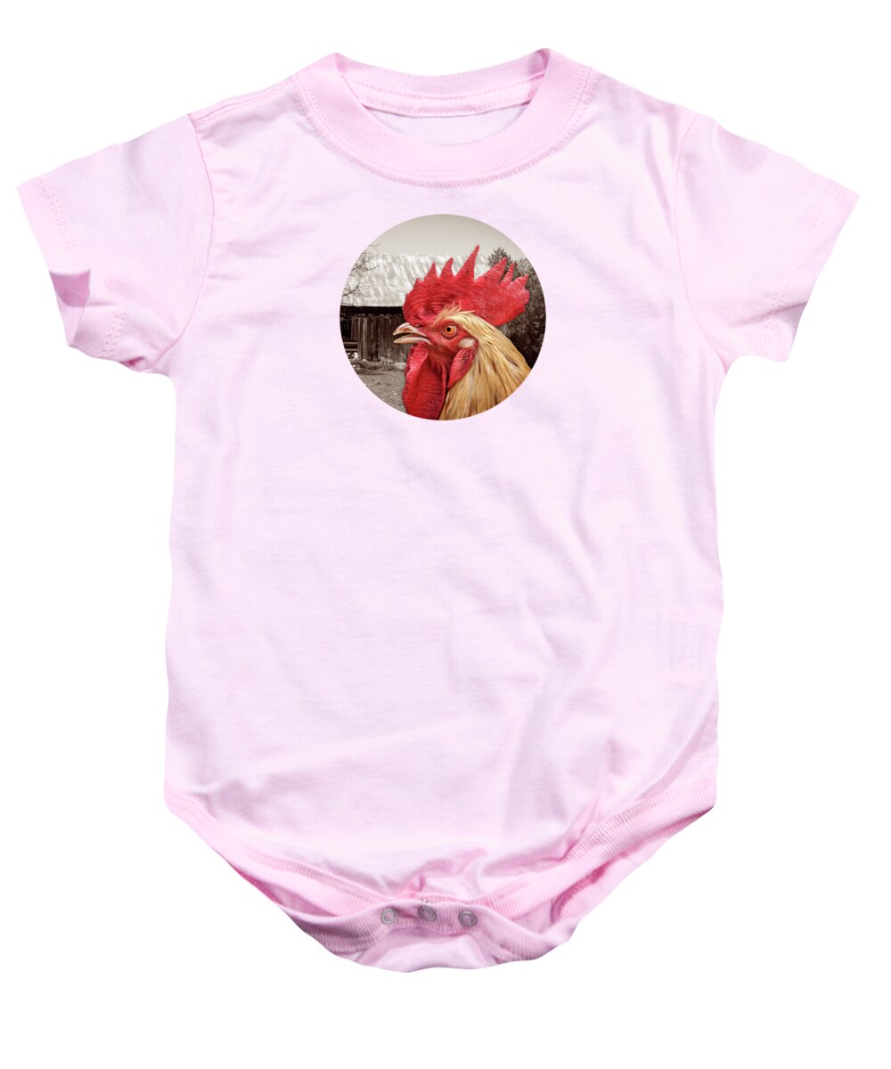 Chicken Baby Onesie featuring the photograph Rooster Looks At Barn by Phil Perkins