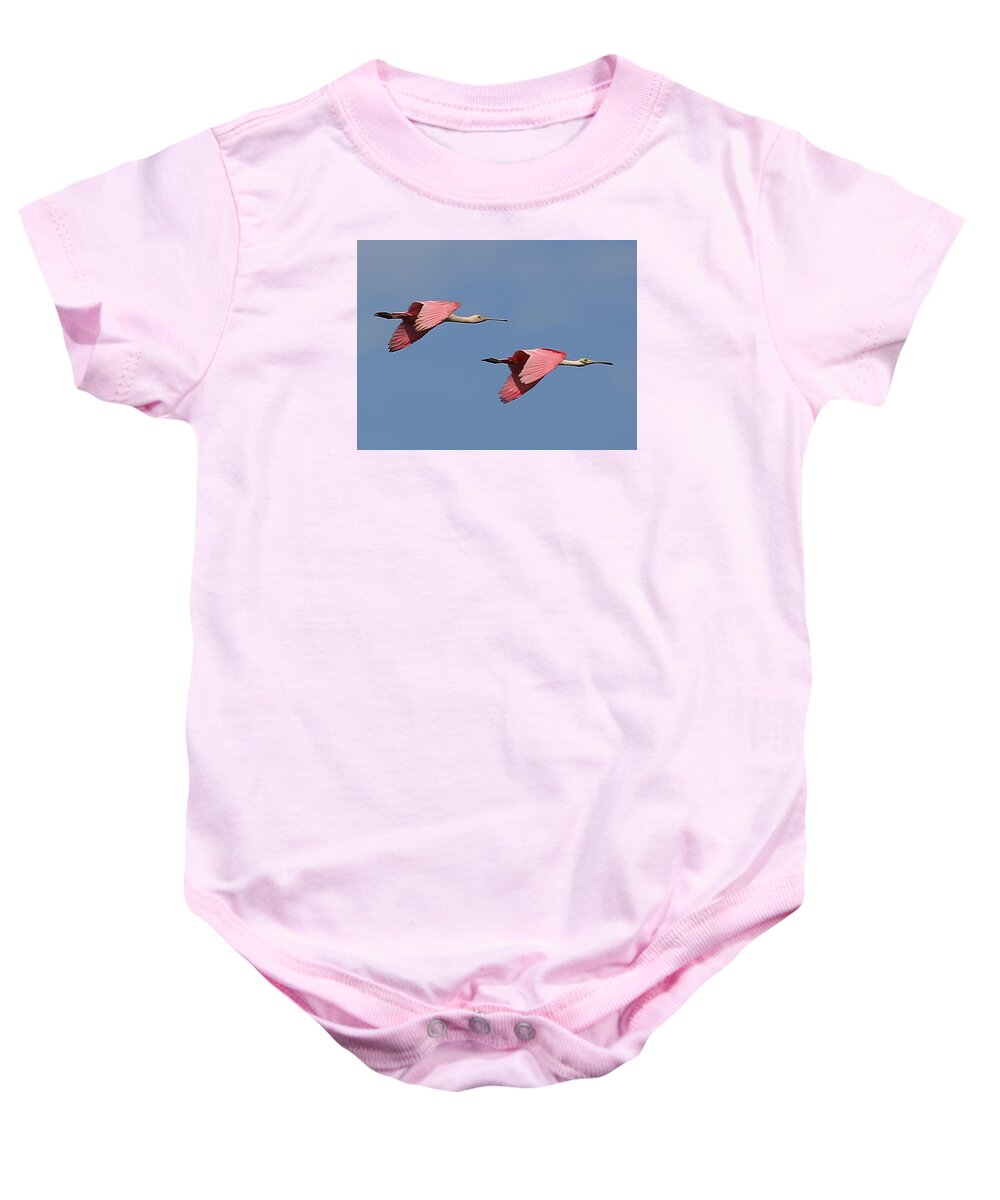 Pink Baby Onesie featuring the photograph Roseate Spoonbills by Dart Humeston