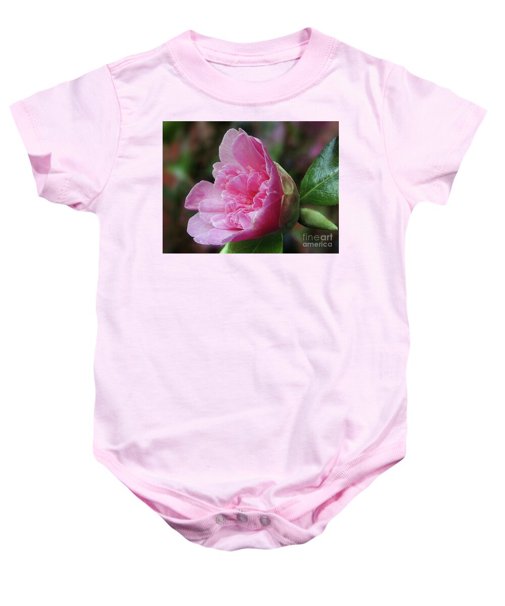 Camellia Baby Onesie featuring the photograph Ruffled Pink Camillia by Kim Tran