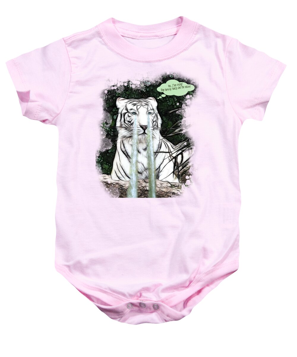 White Tiger Baby Onesie featuring the painting Sad White Tiger Typography by Georgeta Blanaru