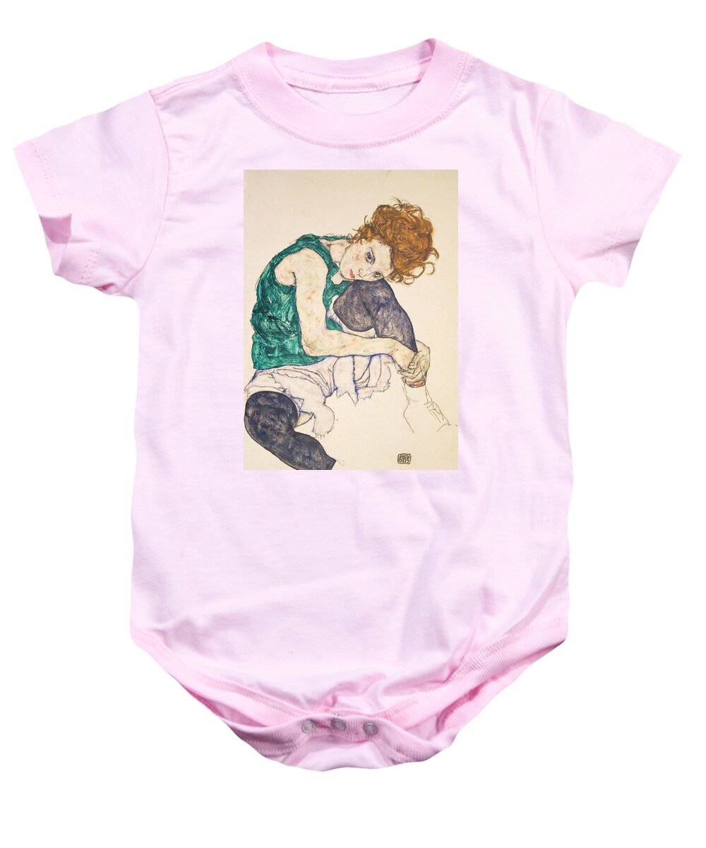 Egon Schiele Baby Onesie featuring the drawing Seated Woman with Legs Drawn Up by Egon Schiele