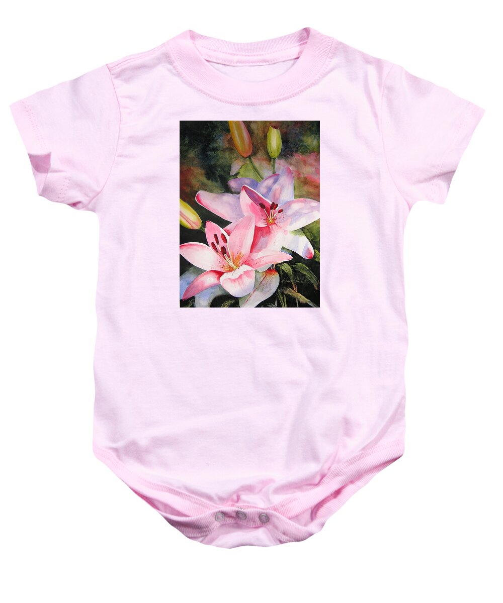 Lilies Baby Onesie featuring the painting Shady Ladies by Karen Stark