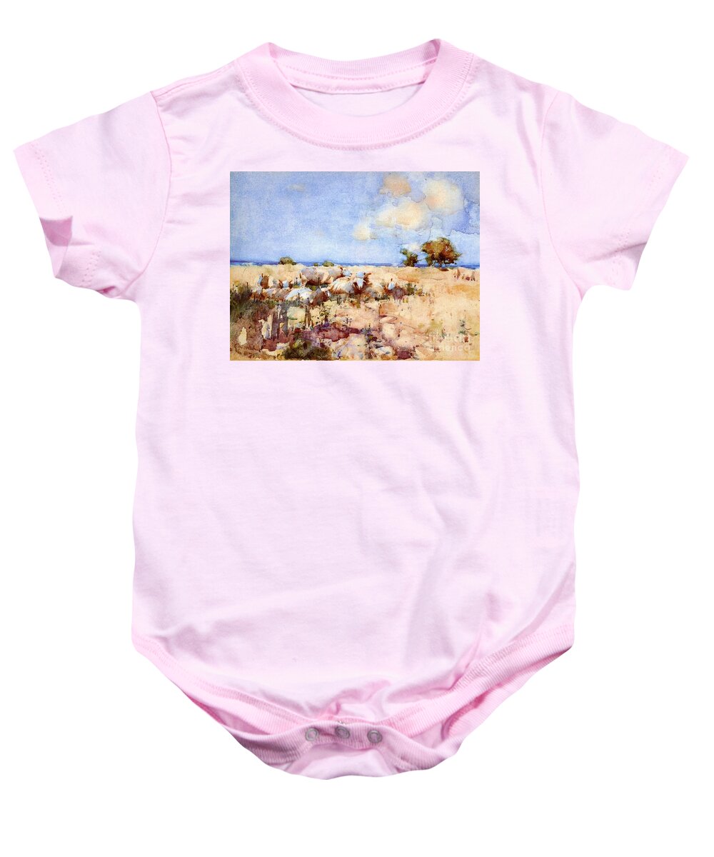 Joseph Crawhall - Sheep In A Meadow 1887 Baby Onesie featuring the painting Sheep in a Meadow by MotionAge Designs