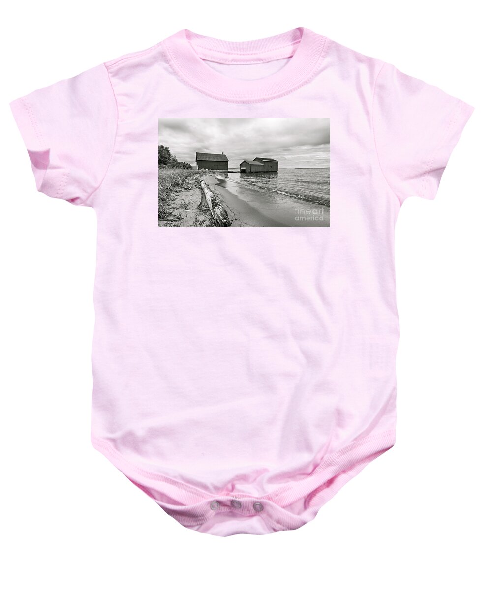 Boat House Baby Onesie featuring the photograph Shoreline Boat House by Bryan Benson