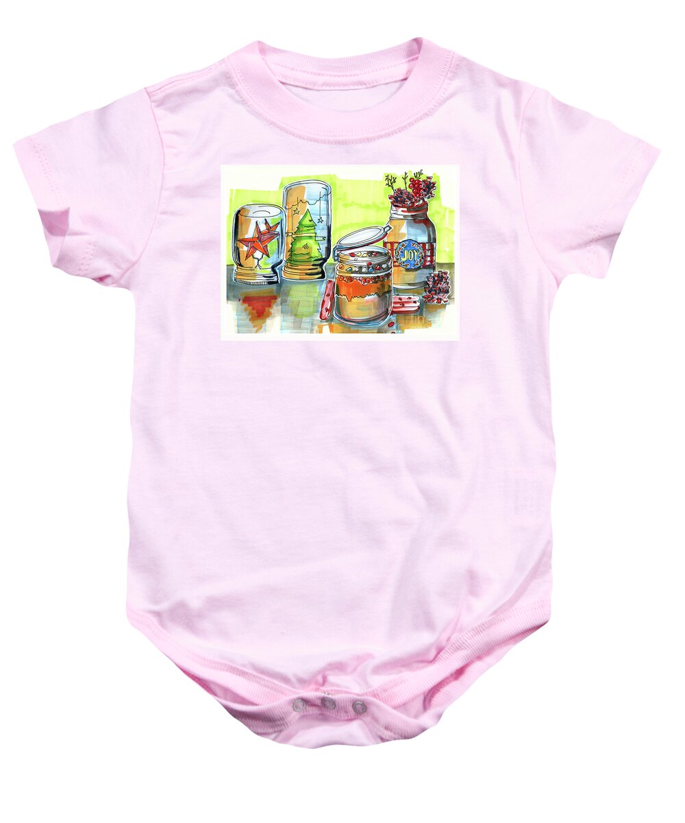 New Year Baby Onesie featuring the drawing Sketch Of Winter Decorative Jars by Ariadna De Raadt
