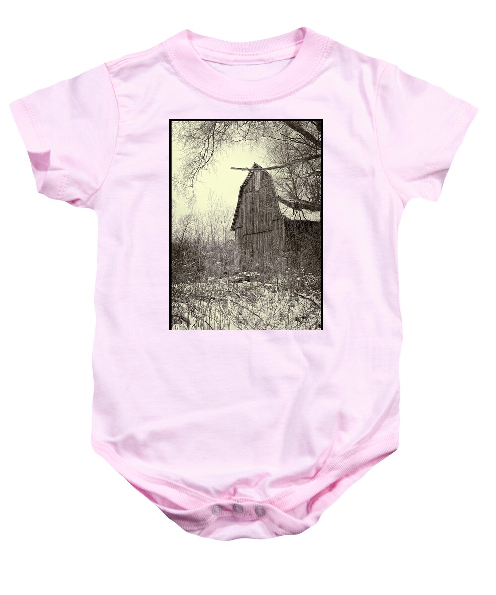 Architecture Baby Onesie featuring the photograph Snow Covered Barn Black and White by LeeAnn McLaneGoetz McLaneGoetzStudioLLCcom
