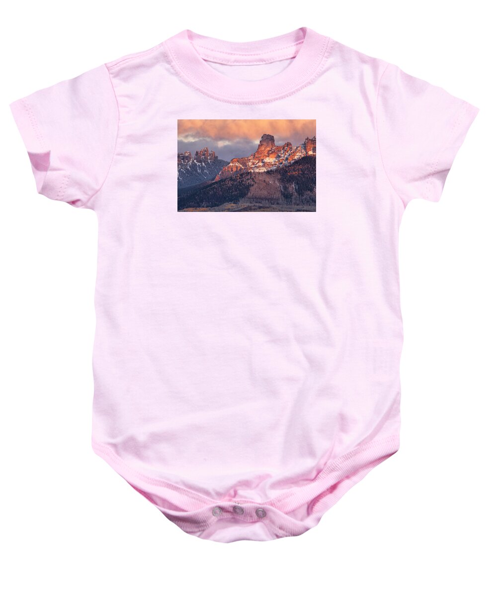 Chimney Rock Baby Onesie featuring the photograph Snow On Chimney Rock by Denise Bush