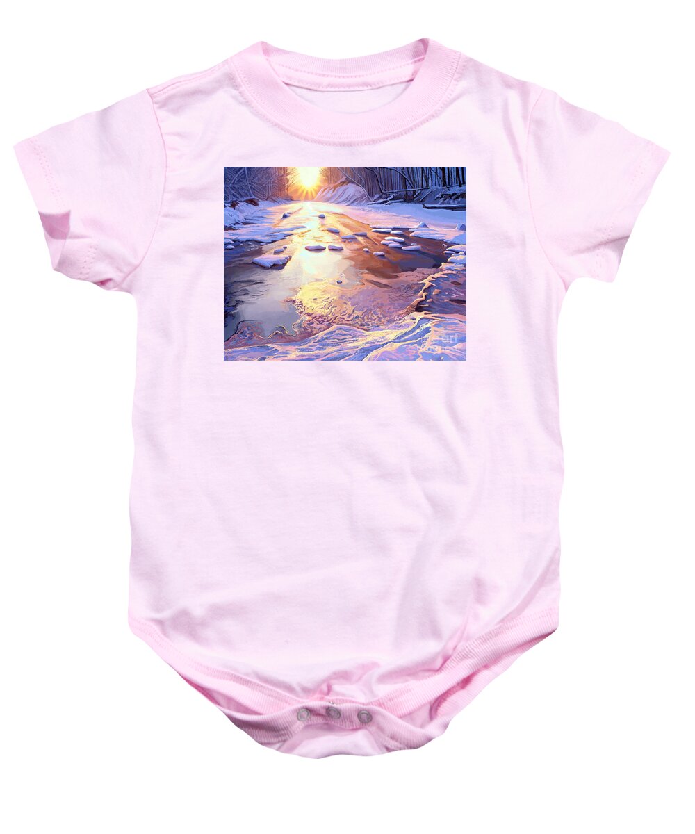 Trees Baby Onesie featuring the painting Snowy River Sunset by Jackie Case