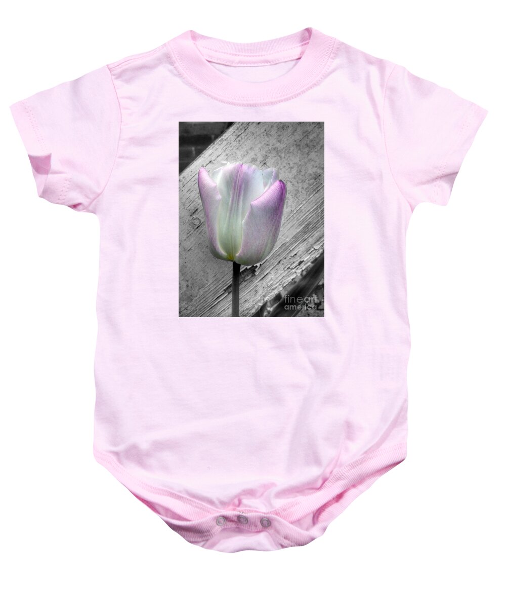 Tulips Baby Onesie featuring the photograph Solitary Pink Whisper Tulip by Joan-Violet Stretch
