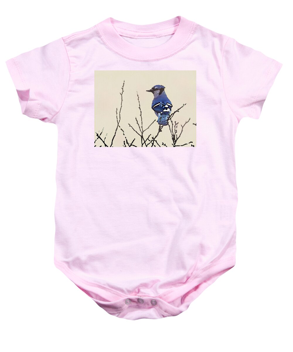 Bird Baby Onesie featuring the mixed media Spring Blue Jay by Shelli Fitzpatrick