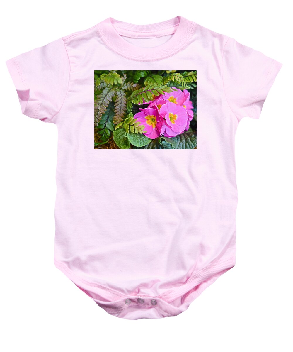 Primrose Baby Onesie featuring the photograph Spring Show 16 Primrose and Ferns by Janis Senungetuk