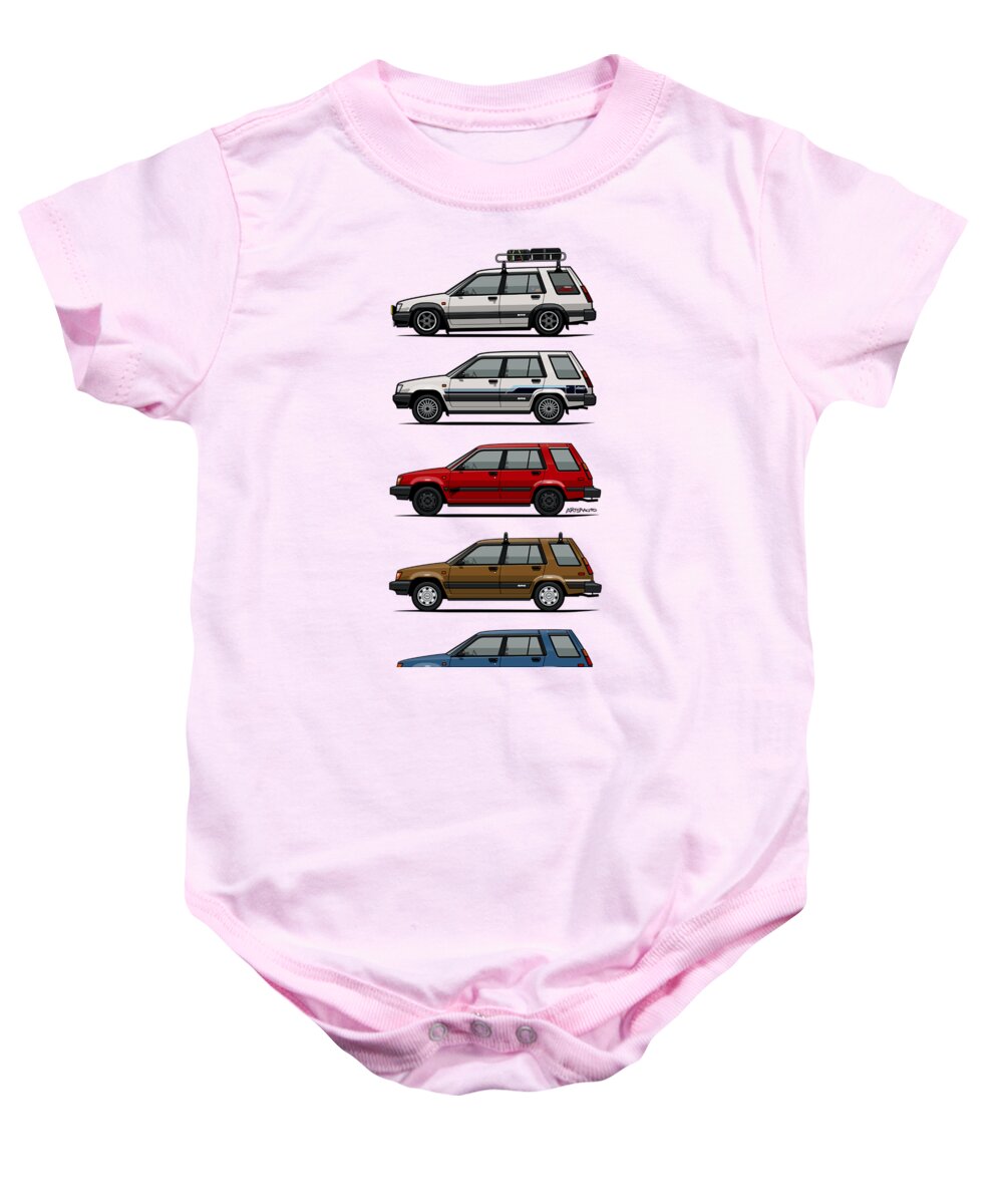 Car Baby Onesie featuring the digital art Stack of Toyota Tercel SR5 4WD AL25 Wagons by Tom Mayer II Monkey Crisis On Mars