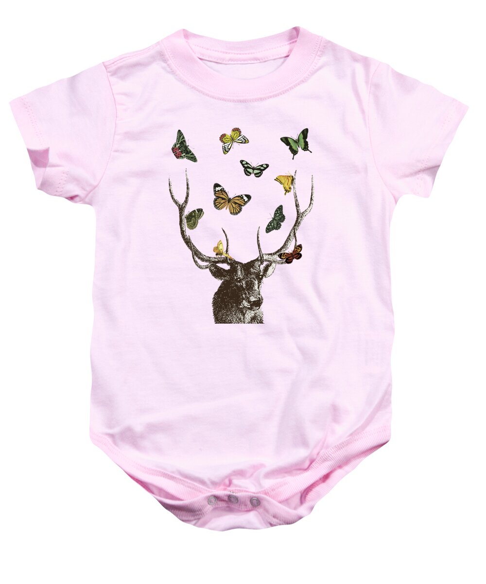 Stag And Butterflies Baby Onesie featuring the digital art Stag and Butterflies by Eclectic at Heart