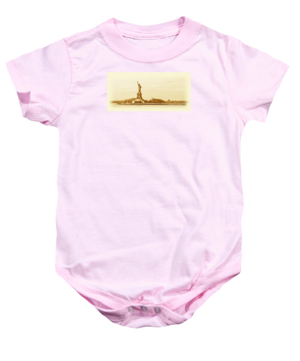 United Baby Onesie featuring the photograph Statue of Liberty Old Yellow by Pelo Blanco Photo