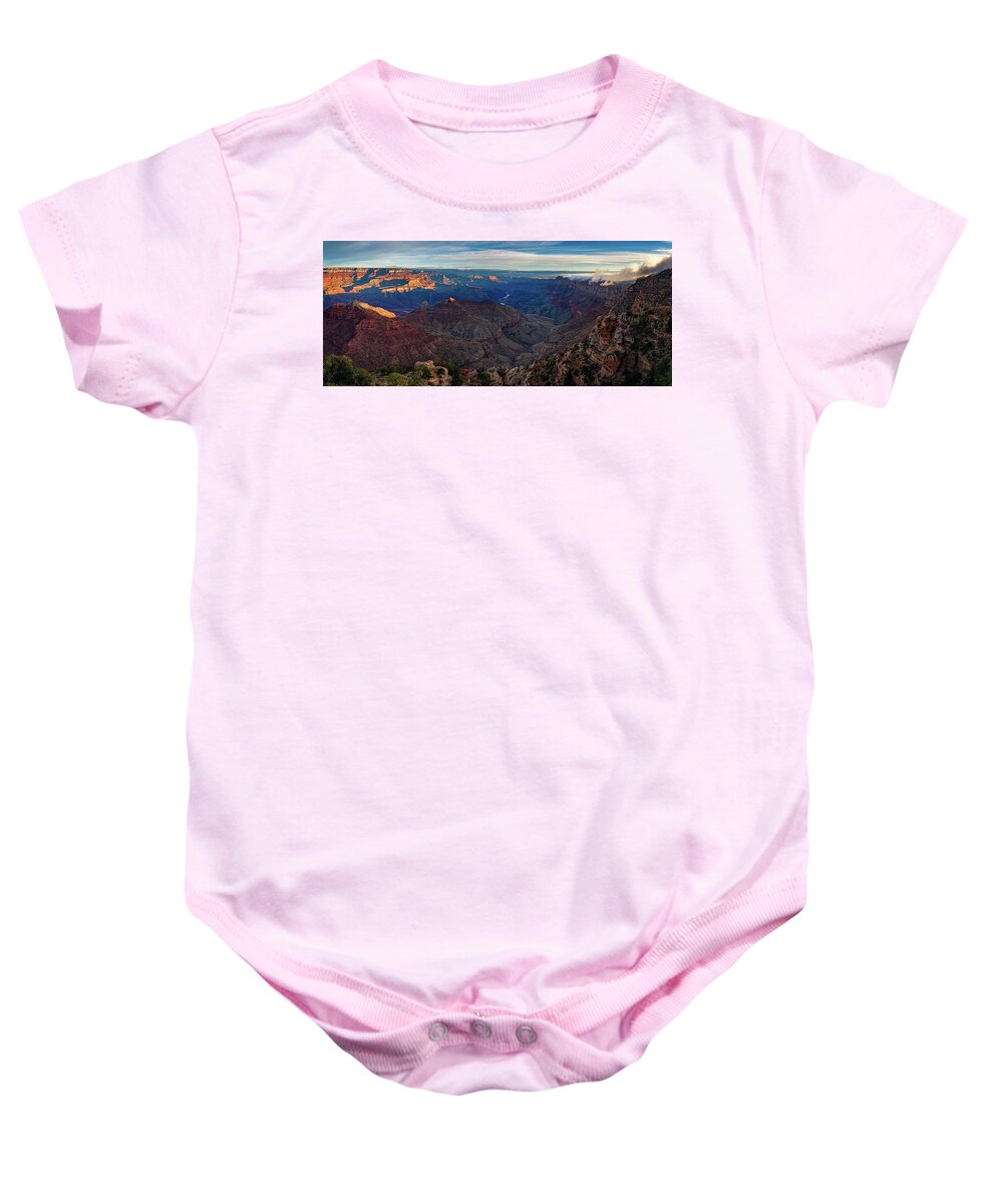 Arizona Baby Onesie featuring the photograph Sunrise at Navajo Point by John Hight