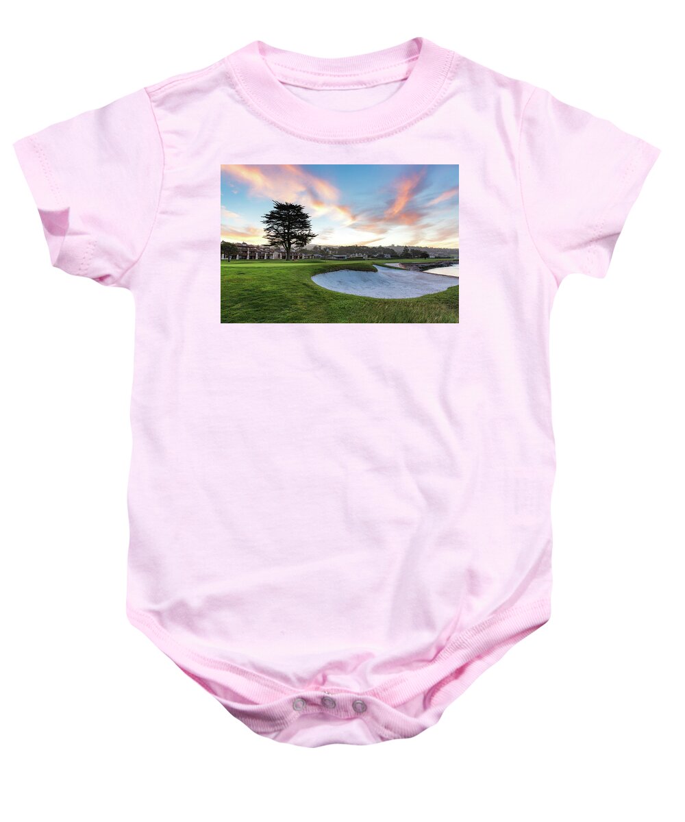 Pebble Beach Golf Course Baby Onesie featuring the photograph Sunrise at Pebble Beach Golf Course by Mike Centioli