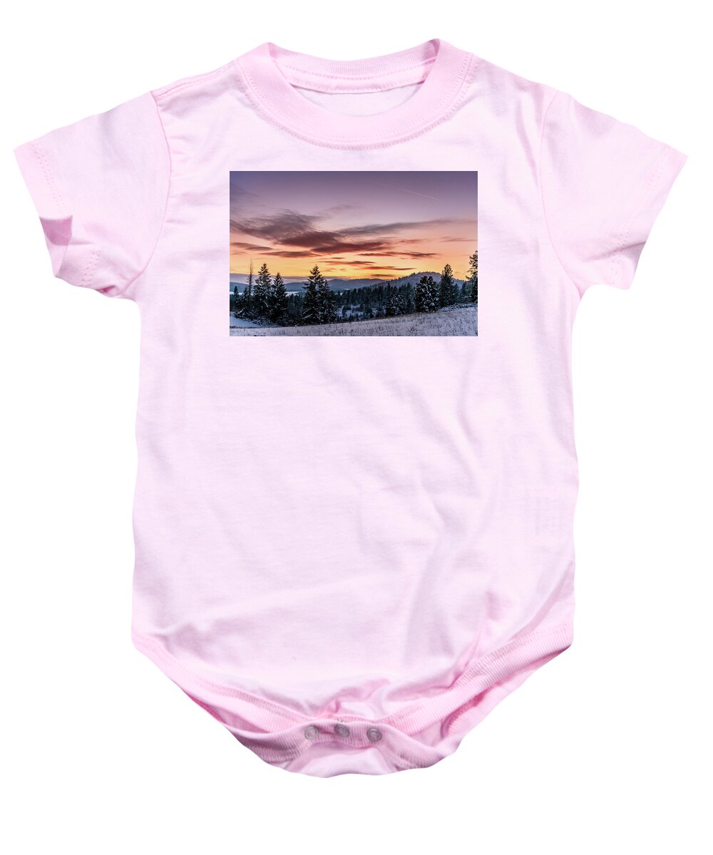 Mountains Baby Onesie featuring the photograph Sunset and Mountains by Lester Plank