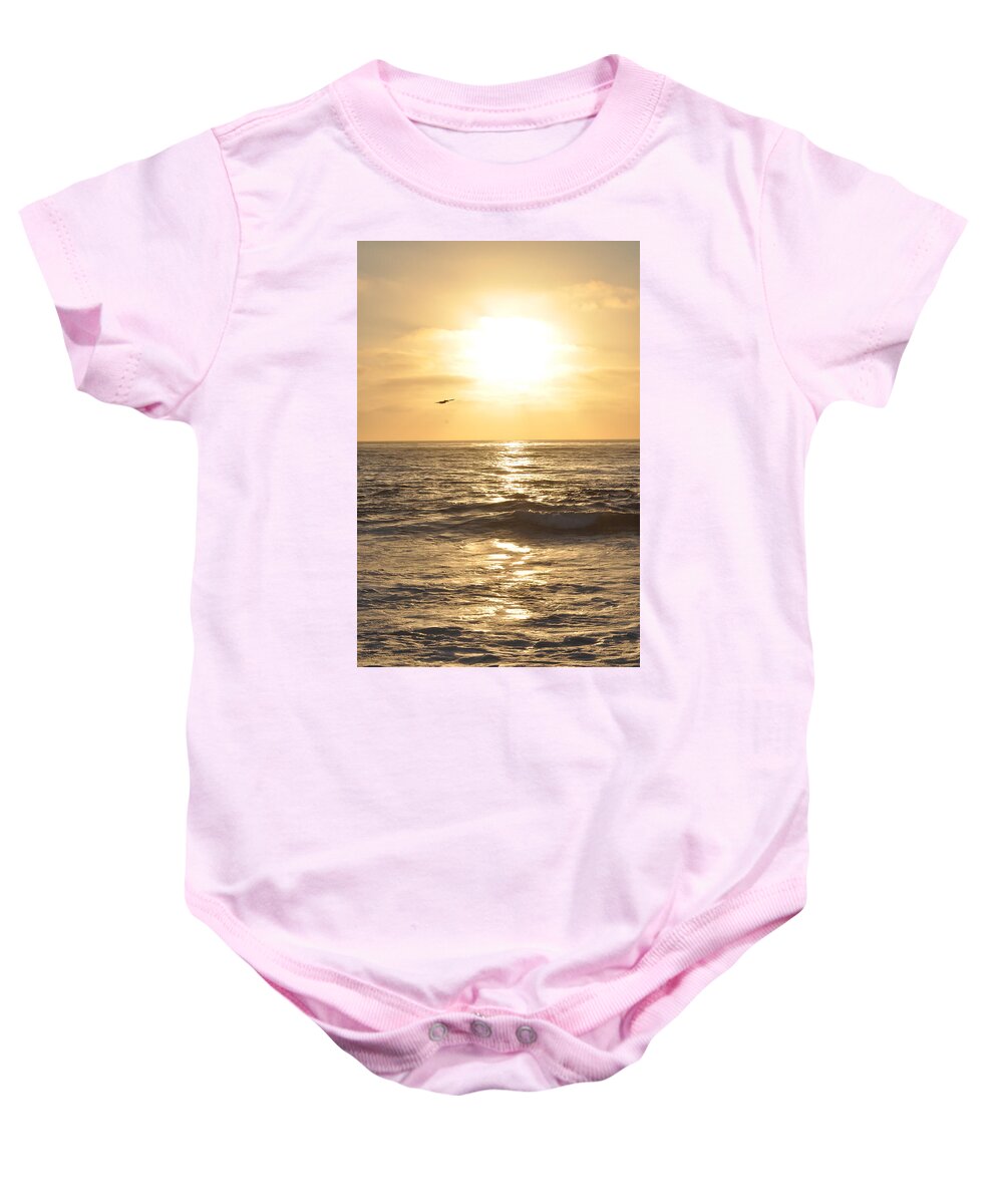 Bird Baby Onesie featuring the photograph Sunset Pelican Silhouette by Bridgette Gomes