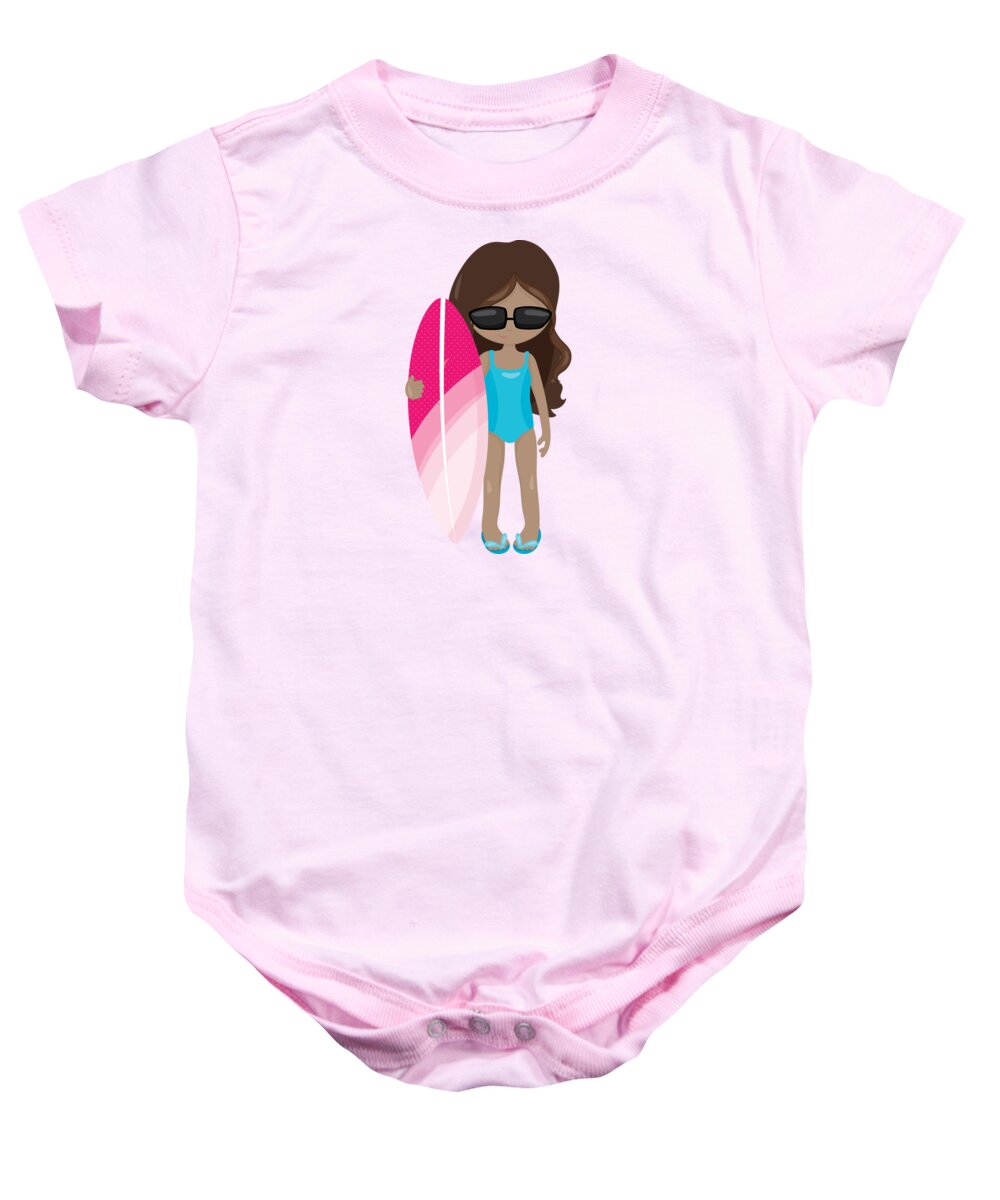 Surfer Art Baby Onesie featuring the digital art Surfer Art Surf's Up Girl with Surfboard #16 by KayeCee Spain