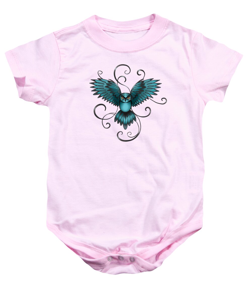 Great Horned Owl Baby Onesie featuring the painting The Great Night Owl Of Kilmartin by Little Bunny Sunshine