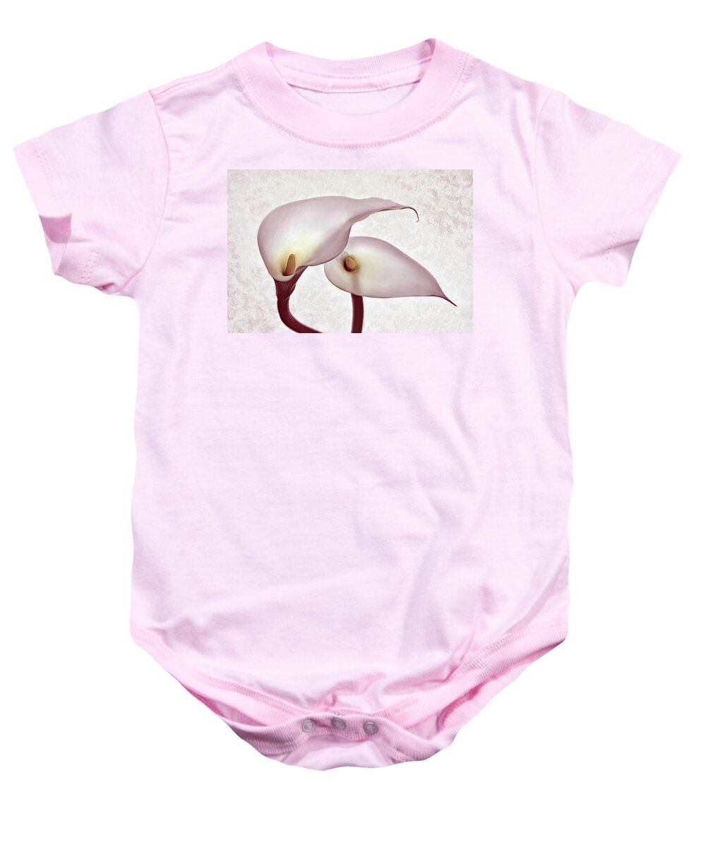 Calle Lilies Baby Onesie featuring the photograph The Heart of Lilies by Leda Robertson