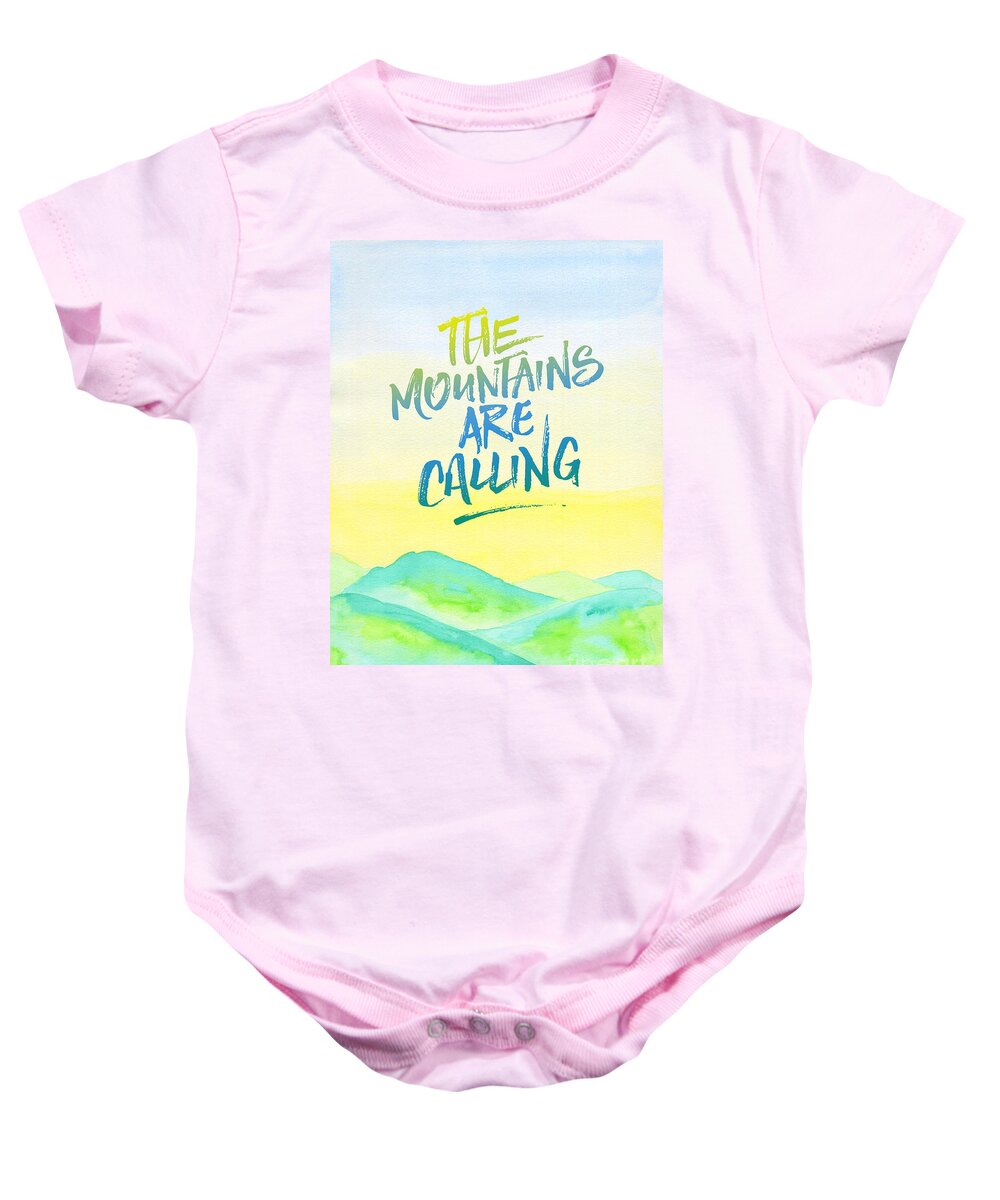 The Mountains Are Calling Baby Onesie featuring the painting The Mountains Are Calling Yellow Blue Sky Watercolor Painting by Beverly Claire Kaiya