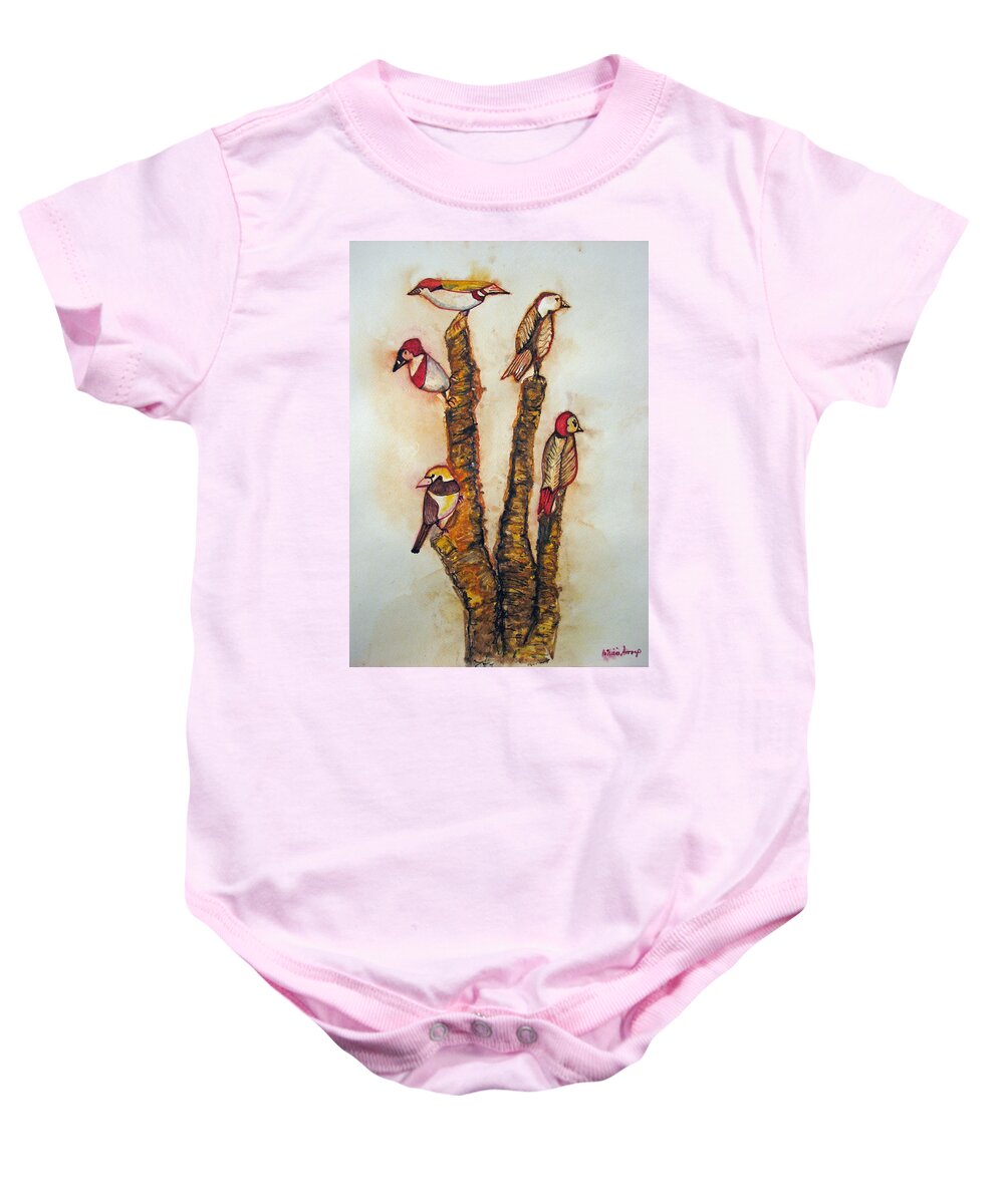 Birds Baby Onesie featuring the painting The Night Watchers by Patricia Arroyo