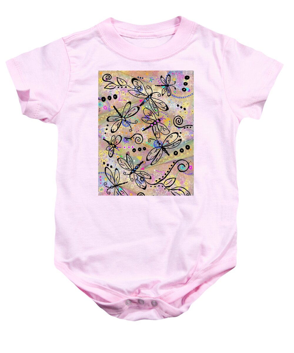 Dragonfly Energy Baby Onesie featuring the mixed media The Whimsical Dreamkeepers by Laurie's Intuitive