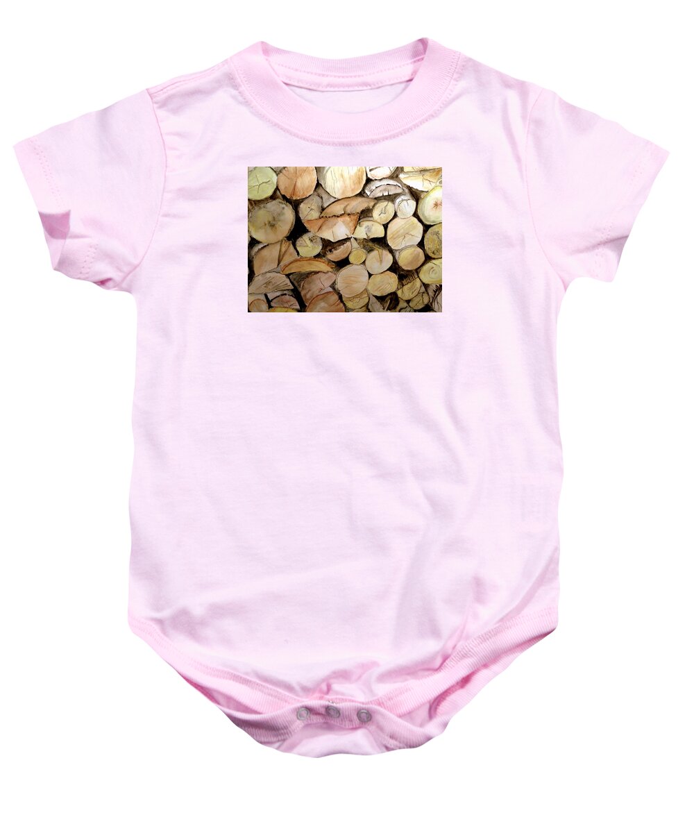 Wood Baby Onesie featuring the painting The Woodpile by Carol Grimes