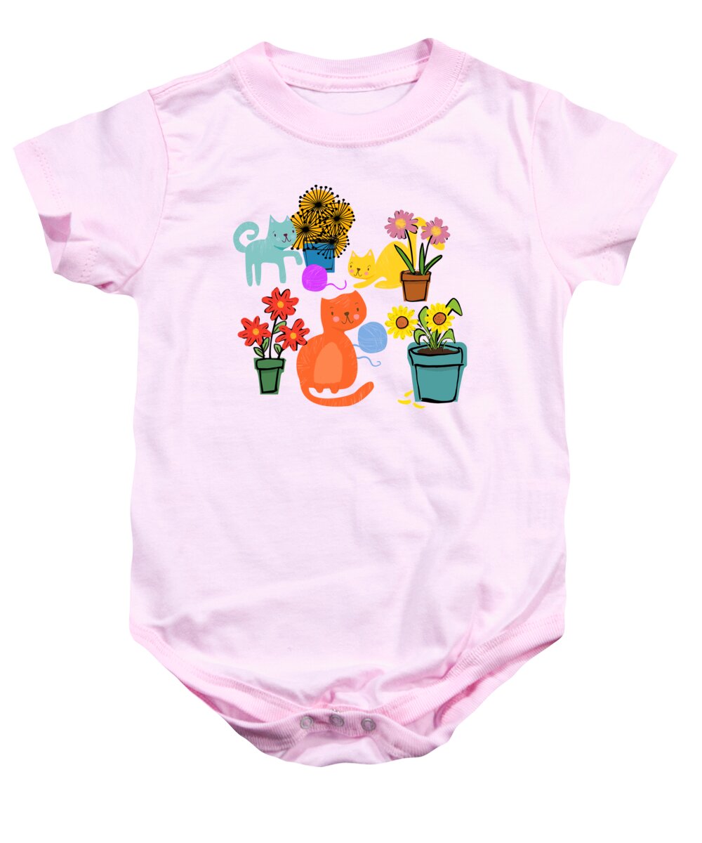 Cats Baby Onesie featuring the painting Three Curious Cats by Little Bunny Sunshine