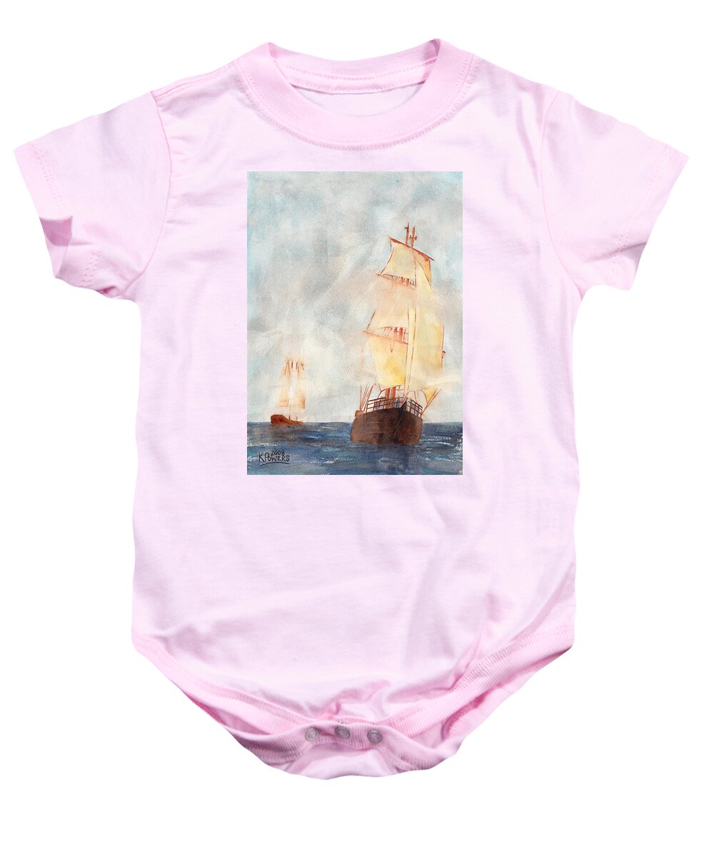 Ship Baby Onesie featuring the painting Through the Fog by Ken Powers