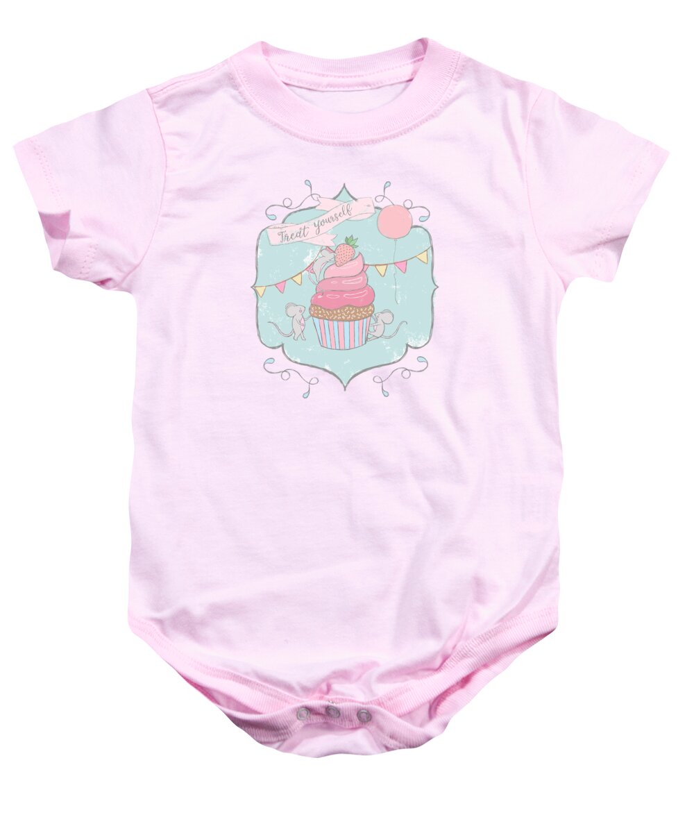 Treat Yourself Baby Onesie featuring the painting Treat Yourself Cupcake Party by Little Bunny Sunshine
