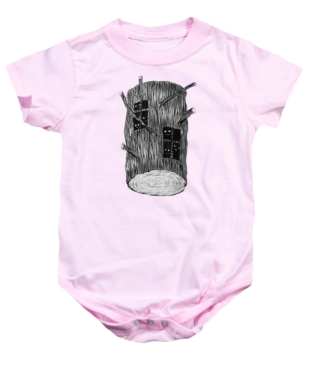 Trunk Baby Onesie featuring the digital art Tree Log With Mysterious Forest Creatures by Boriana Giormova