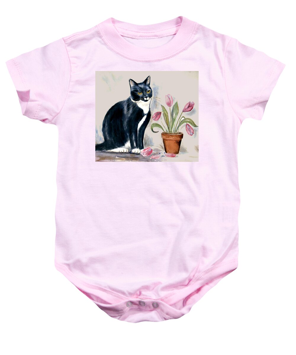 Cat Baby Onesie featuring the painting Tuxedo Cat sitting by the Pink Tulips by Frances Gillotti