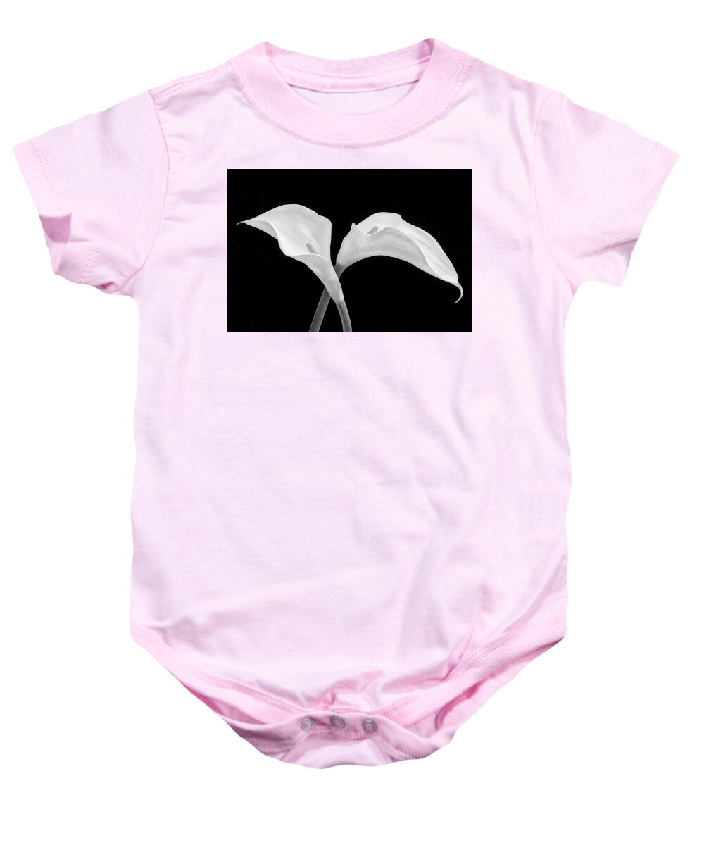 Graphic Baby Onesie featuring the photograph Two Beautiful Calla Lilies Black And White by Garry Gay