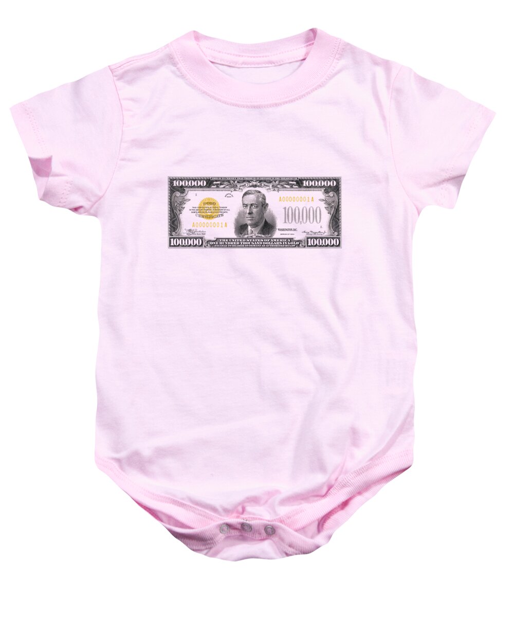 'paper Currency' Collection By Serge Averbukh Baby Onesie featuring the digital art U.S. One Hundred Thousand Dollar Bill - 1934 $100000 USD Treasury Note by Serge Averbukh