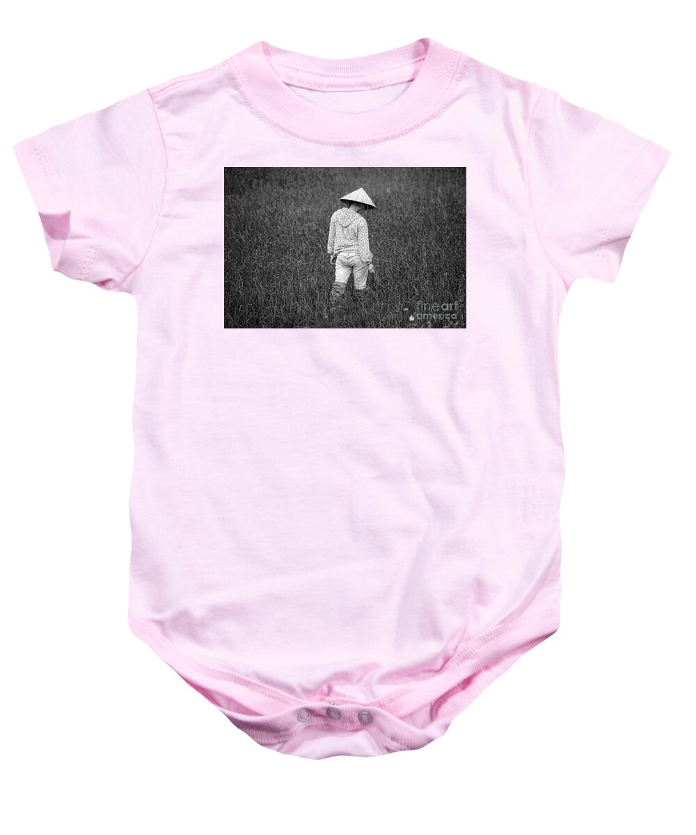 Blossoms Baby Onesie featuring the photograph Vietnamese Girl Rich Harvest BW by Chuck Kuhn