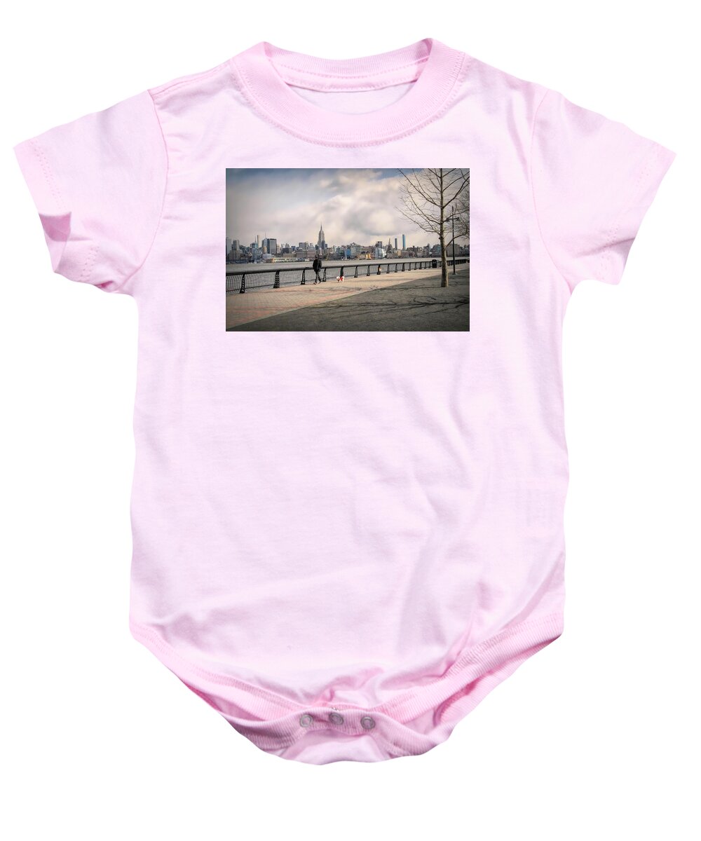 New Jersey Baby Onesie featuring the photograph Walking Along Hoboken's Hudson River Waterfront Walkway by Dyle Warren