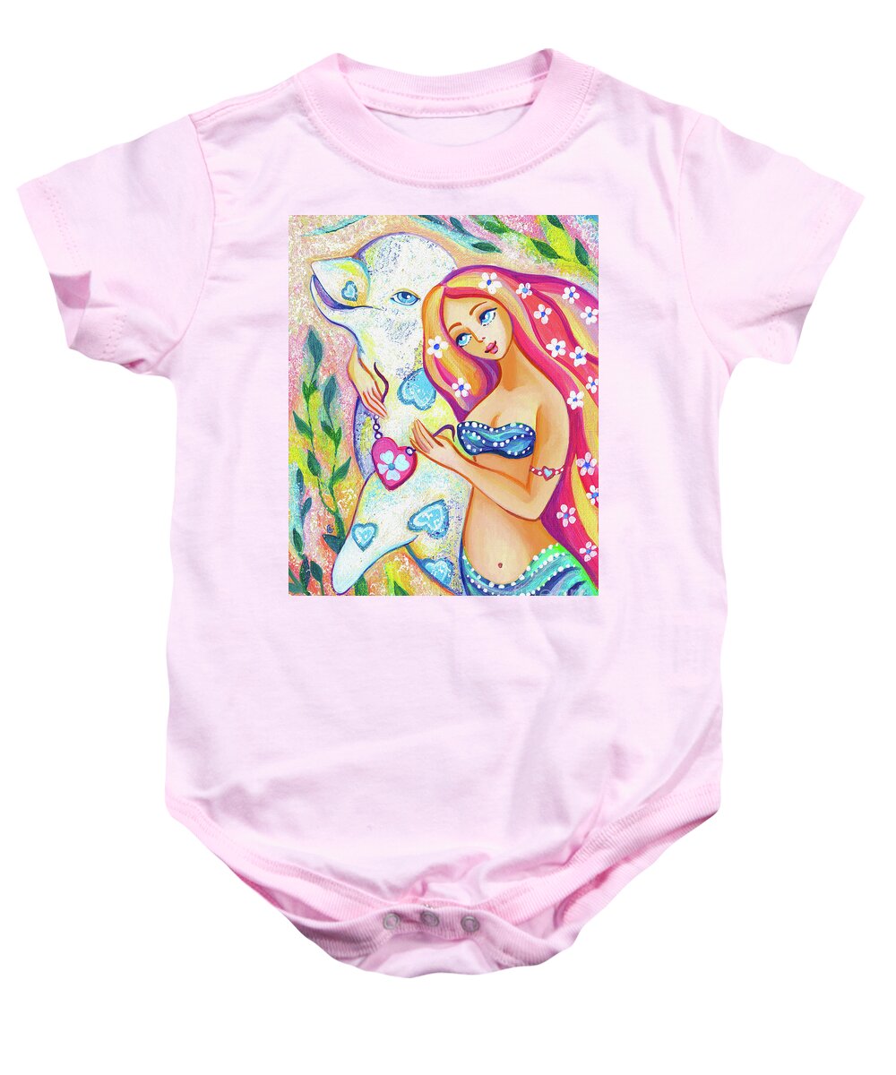 Girl And Dolphin Baby Onesie featuring the painting Water Friends by Eva Campbell