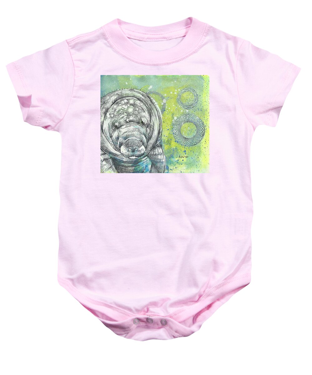 Manatee Baby Onesie featuring the mixed media Whimsical Manatee by AnneMarie Welsh