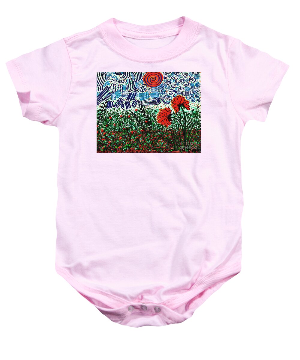 Flower Baby Onesie featuring the drawing Wild Flowers Under Wild Sky With Floral Texture  by Sarah Loft