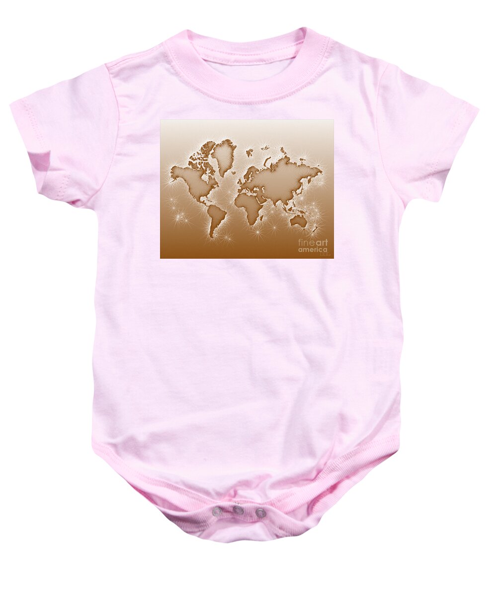 World Map Baby Onesie featuring the digital art World Map Opala in Brown and White by Eleven Corners