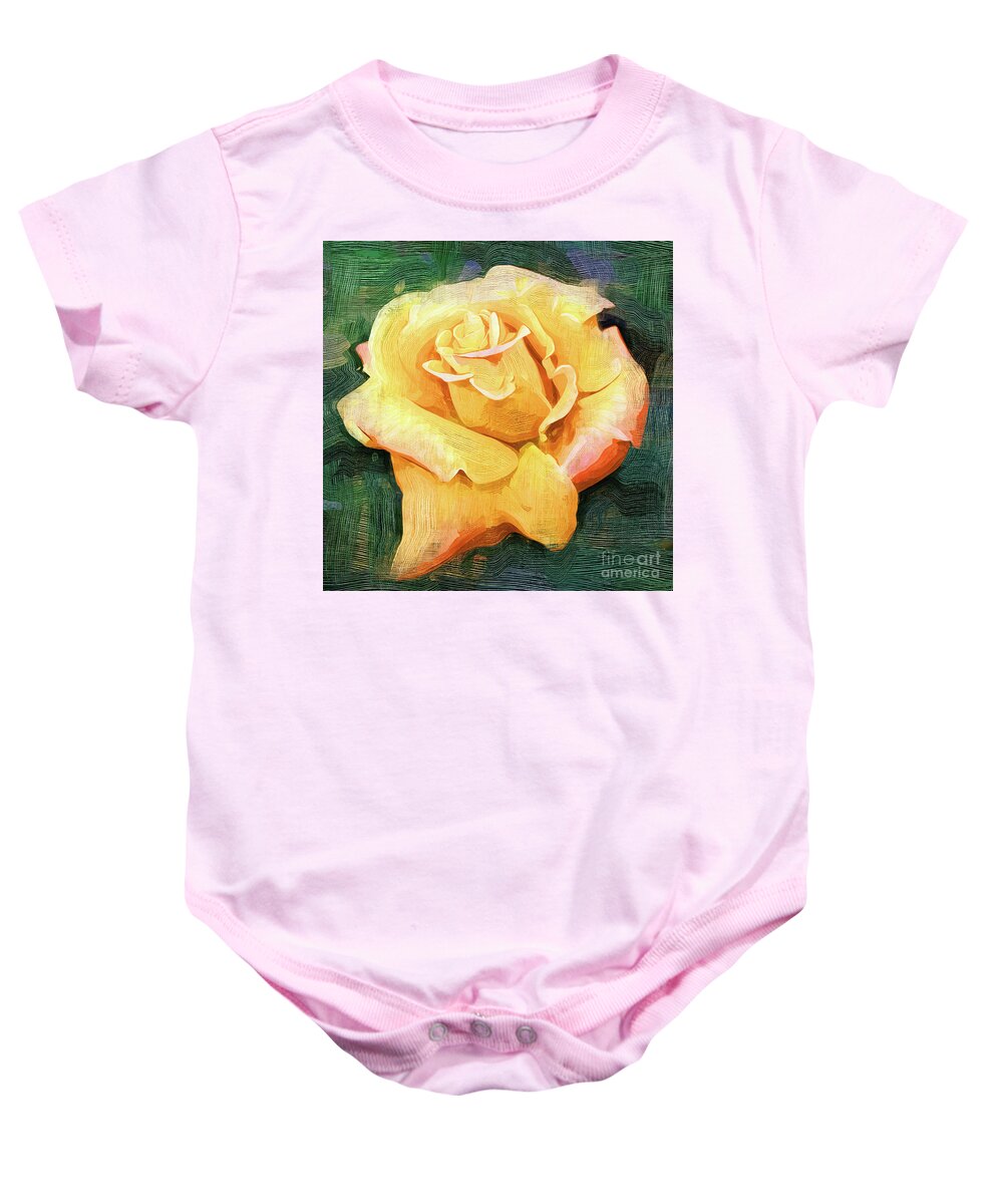 Rose Baby Onesie featuring the digital art Yellow Rose Bloom In Oil by Kirt Tisdale